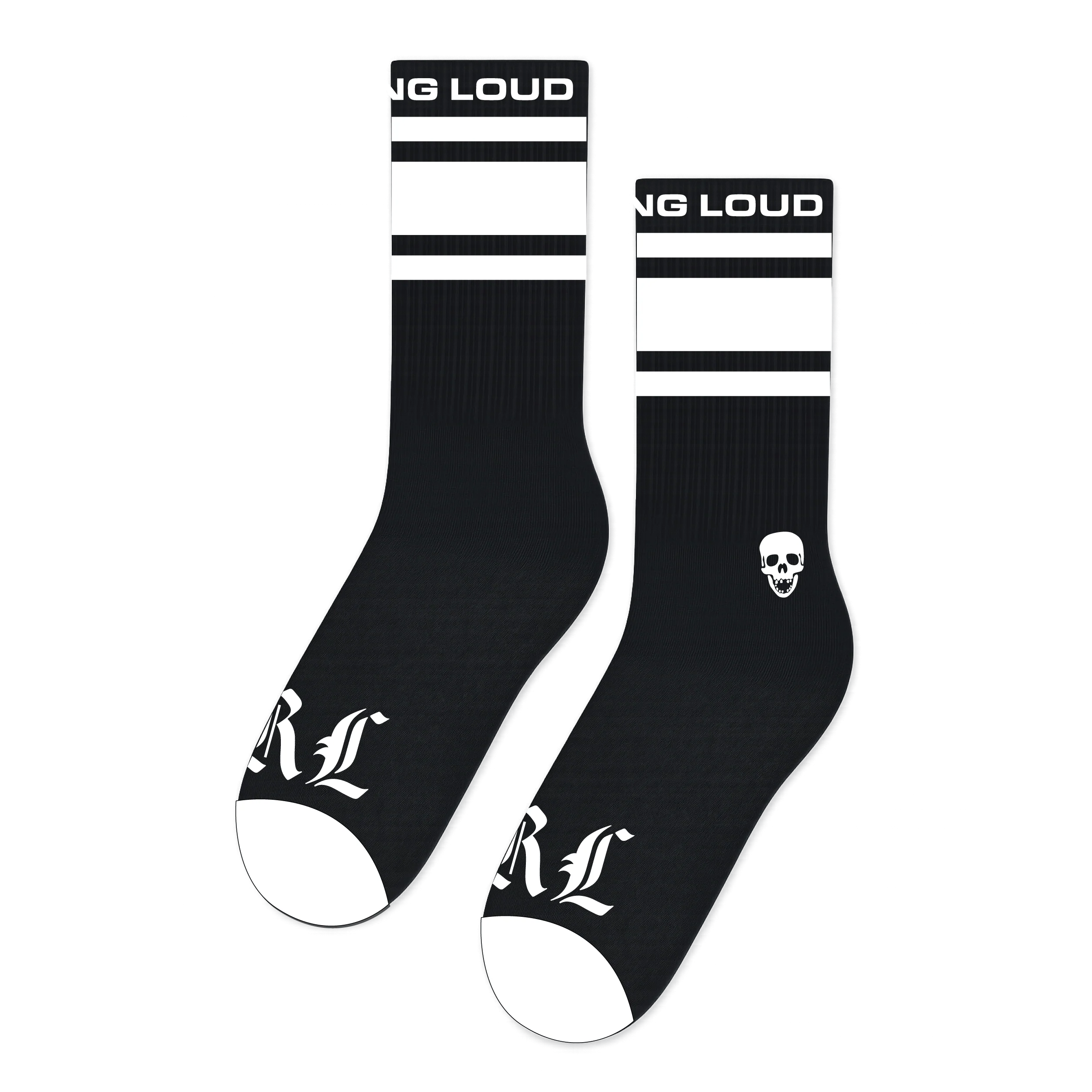 OE Black White Stripe Skull Crew Sock - Image 2