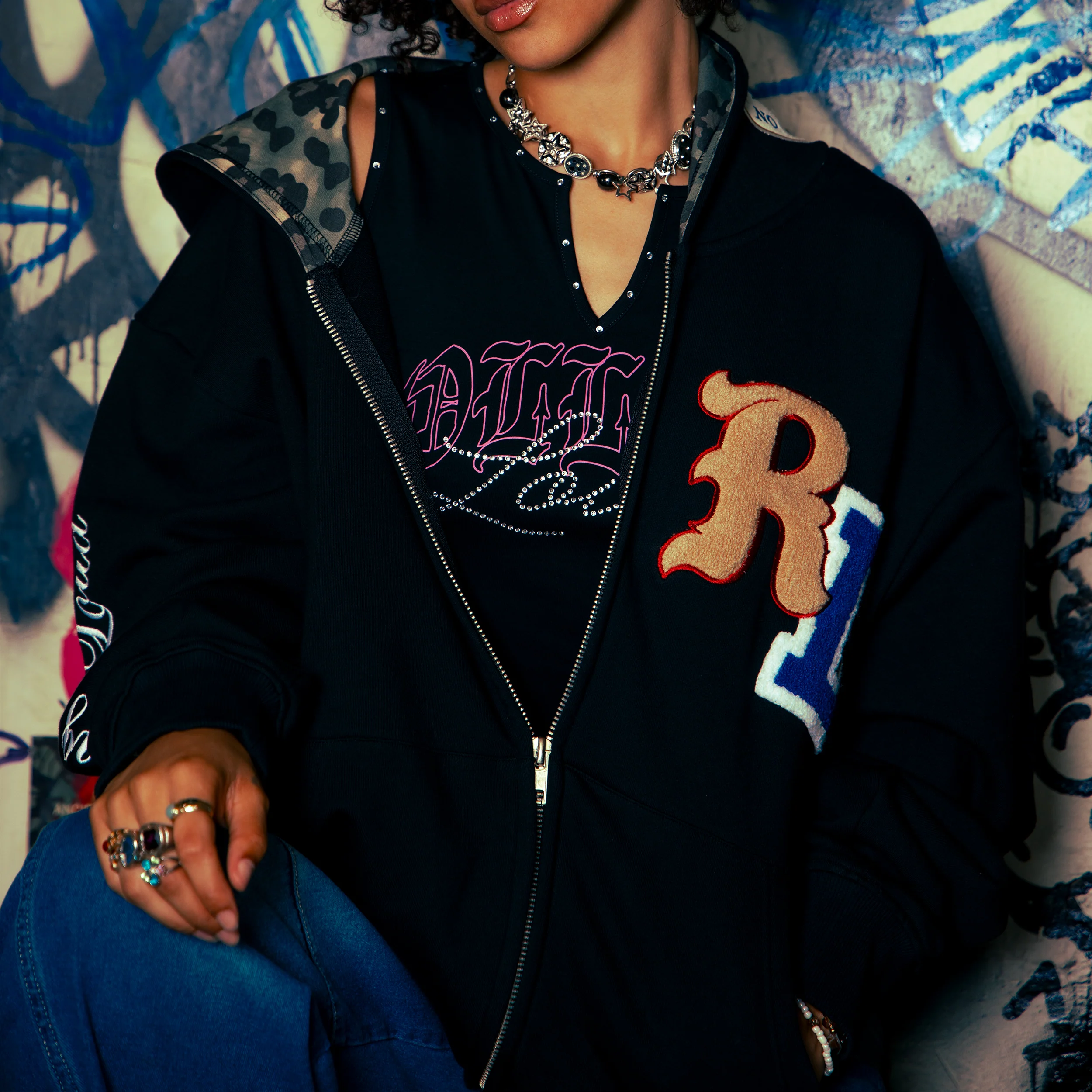 RF Loud Chenille Washed Black Zip Hoodie - Image 2