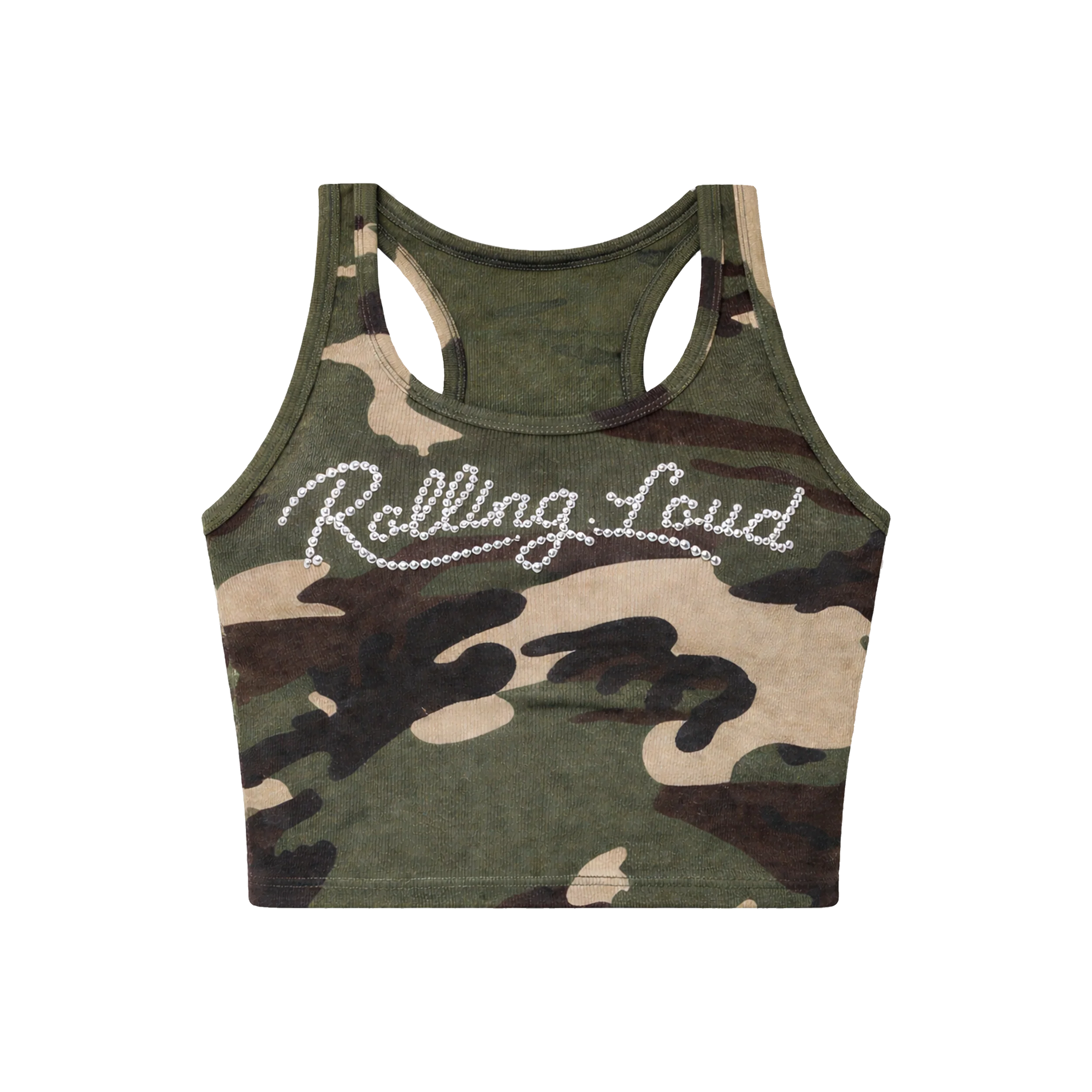 SCRIPT LOGO BLING CAMO CROP TANK